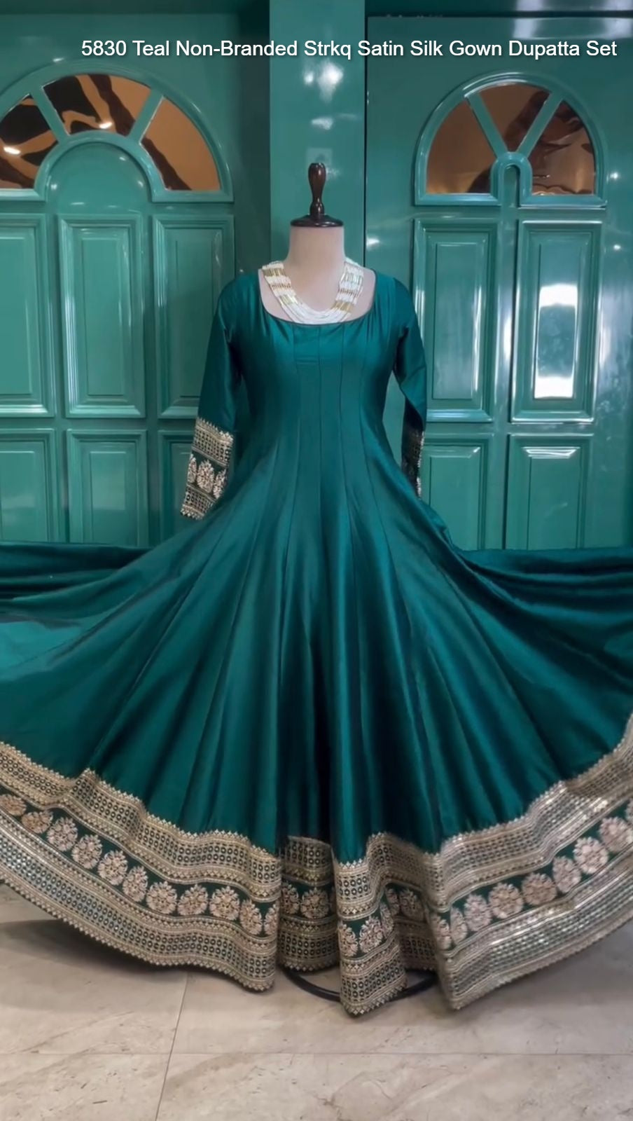 5830 Teal Non-Branded Strkq Satin Silk Gown Dupatta Set
