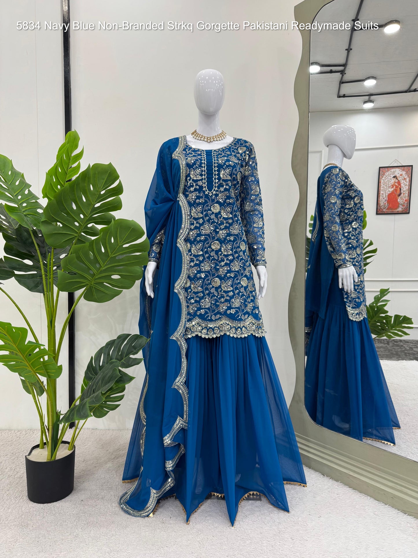 5834 Navy Blue Non-Branded Strkq Gorgette Pakistani Readymade Suits