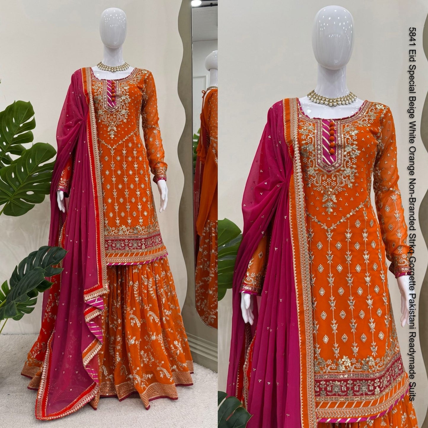 5841 Eid Special Beige White Orange Non-Branded Strkq Gorgette Pakistani Readymade Suits