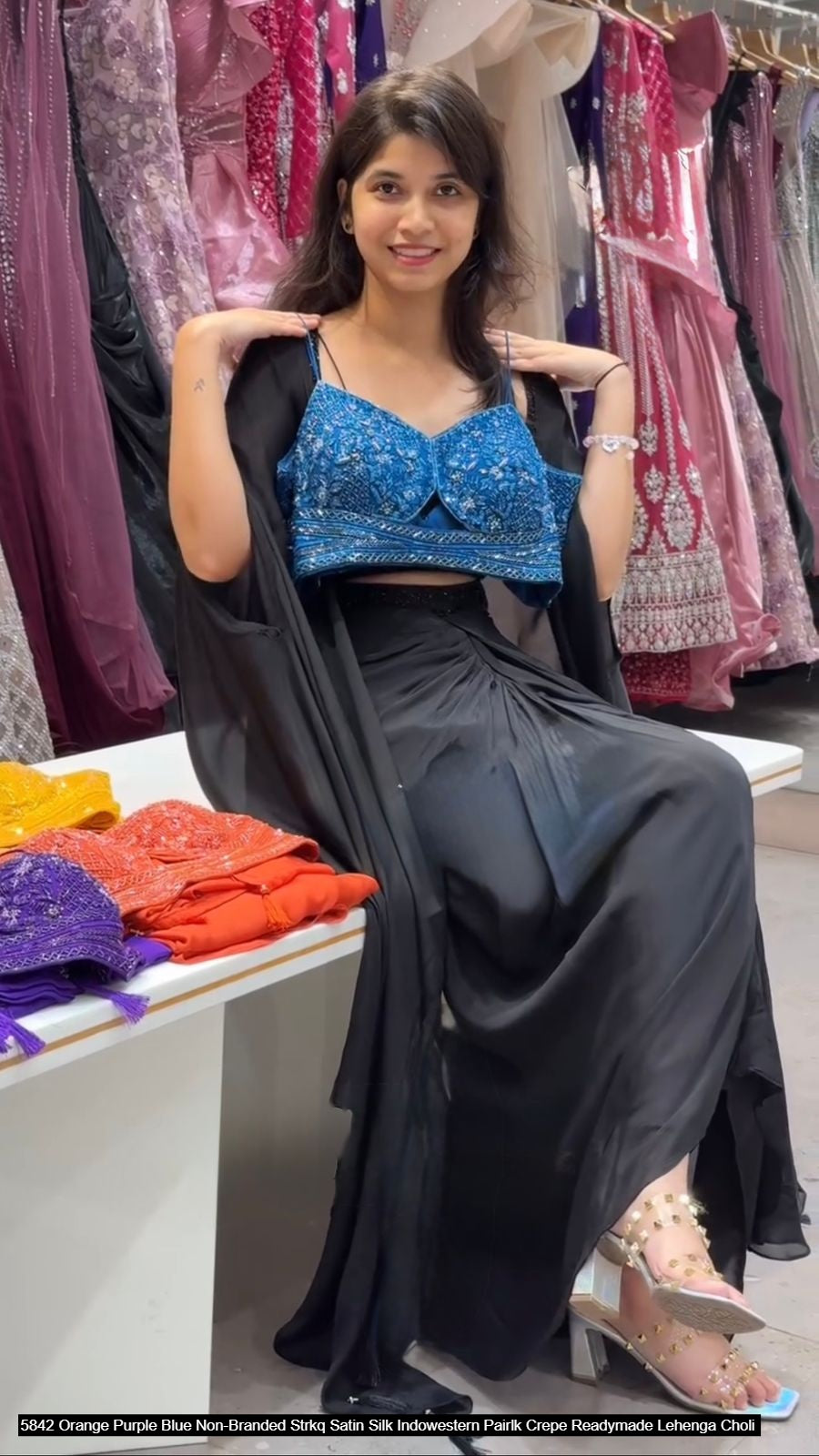 5842 Orange Purple Blue Non-Branded Strkq Satin Silk Indowestern Pair