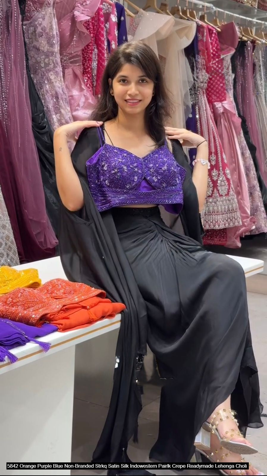 5842 Orange Purple Blue Non-Branded Strkq Satin Silk Indowestern Pair