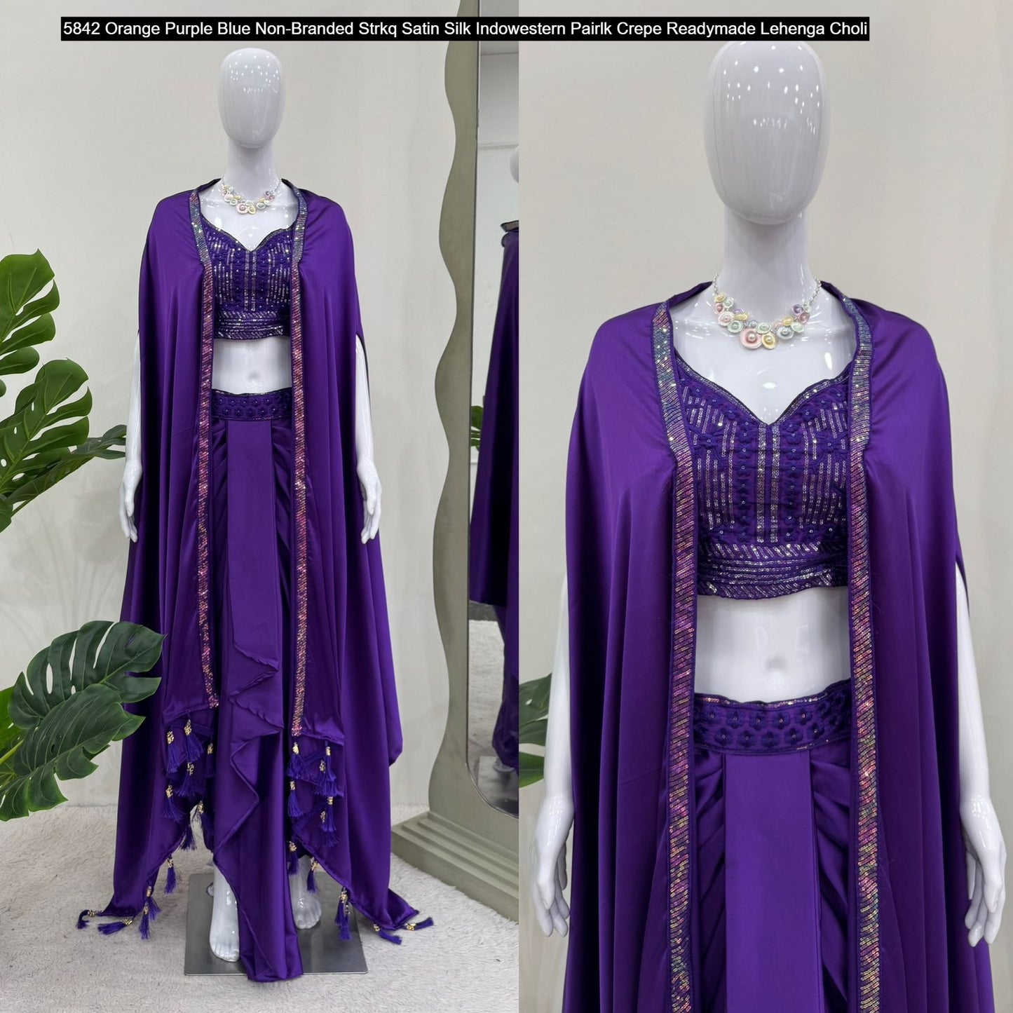 5842 Orange Purple Blue Non-Branded Strkq Satin Silk Indowestern Pair