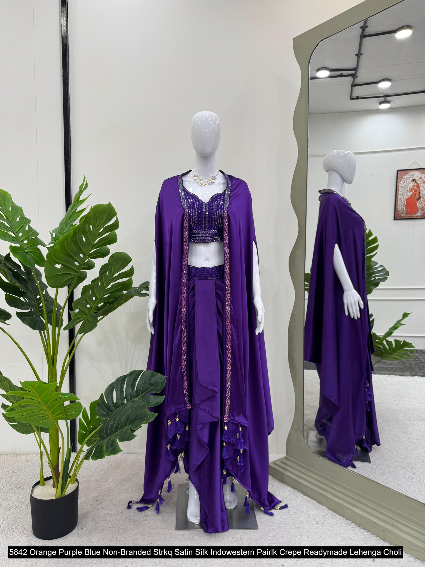 5842 Orange Purple Blue Non-Branded Strkq Satin Silk Indowestern Pair