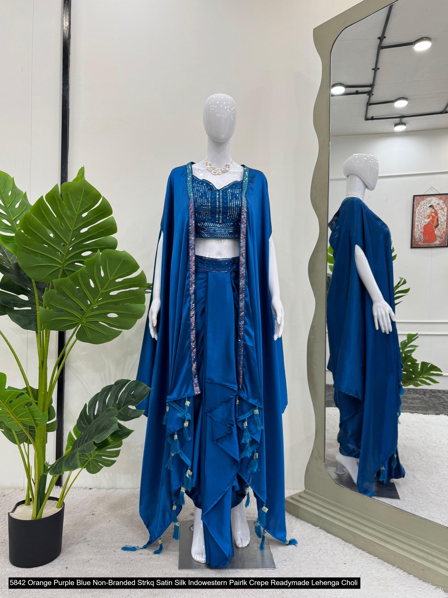 5842 Orange Purple Blue Non-Branded Strkq Satin Silk Indowestern Pair