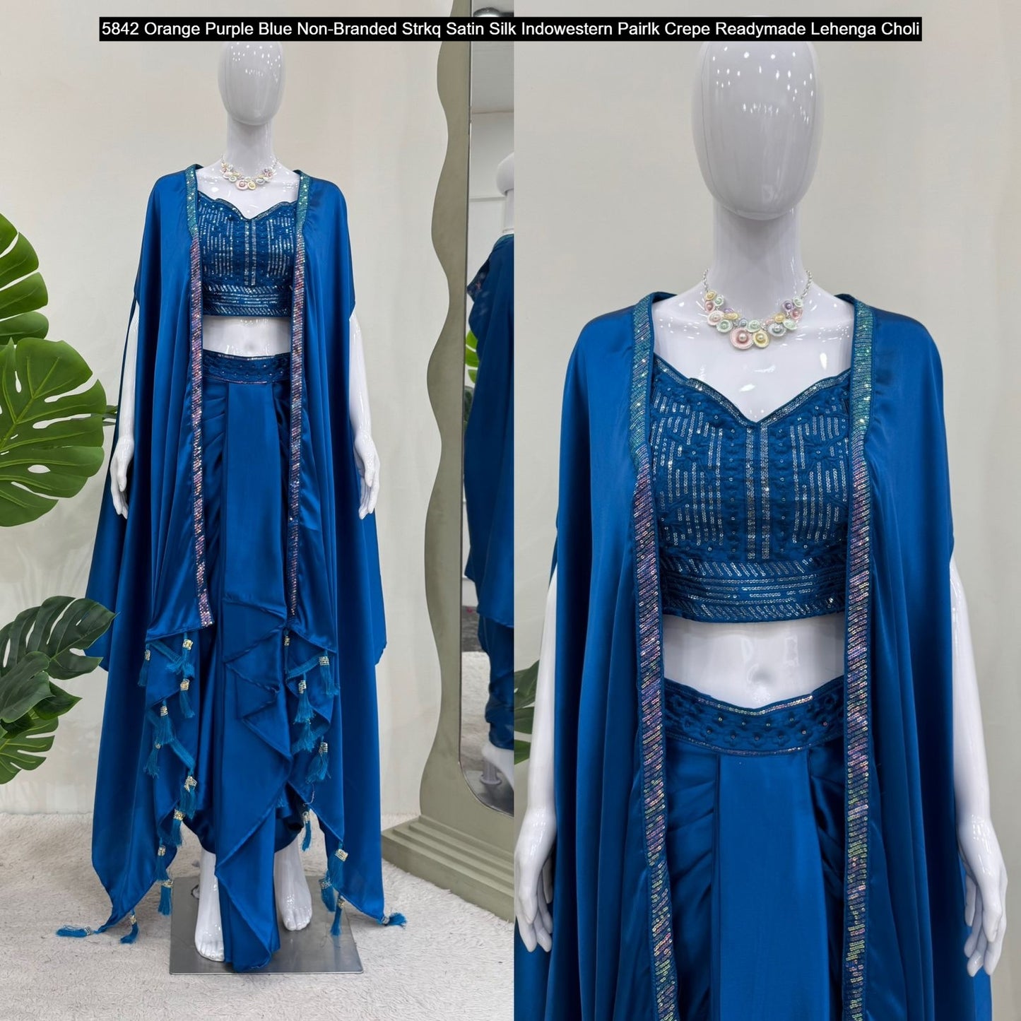 5842 Orange Purple Blue Non-Branded Strkq Satin Silk Indowestern Pair