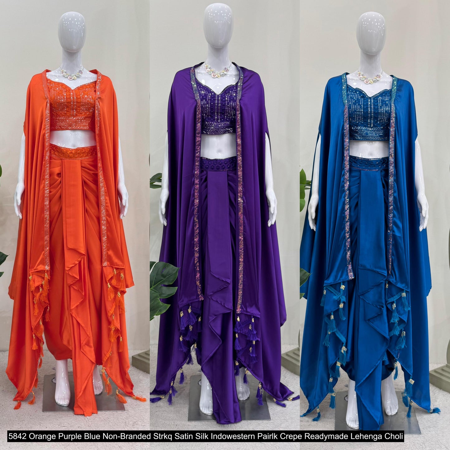 5842 Orange Purple Blue Non-Branded Strkq Satin Silk Indowestern Pair