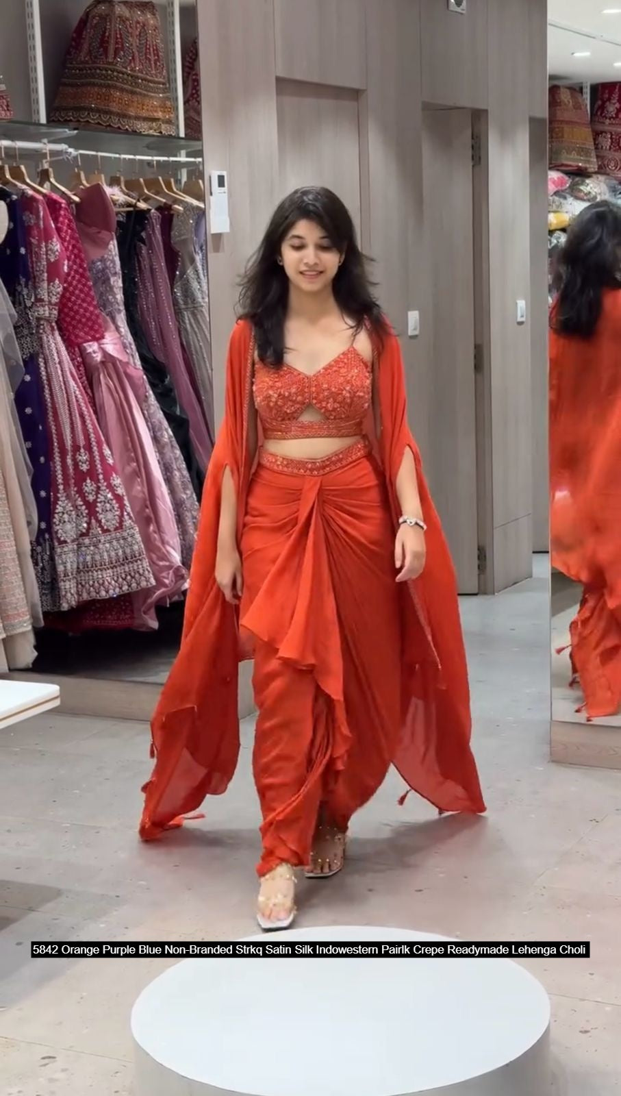 5842 Orange Purple Blue Non-Branded Strkq Satin Silk Indowestern Pair