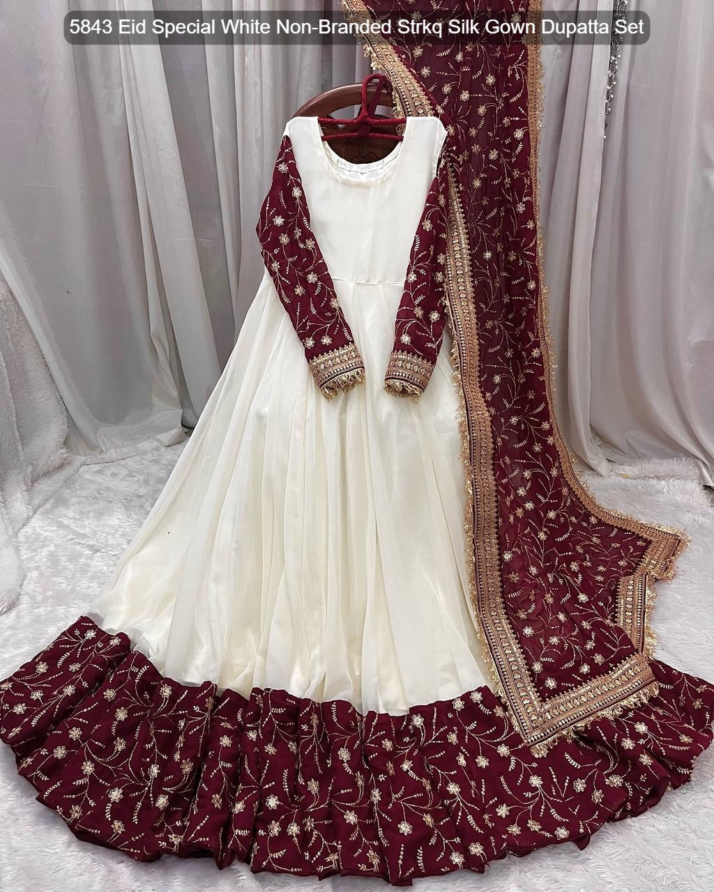 5843 Eid Special White Non-Branded Strkq Silk Gown Dupatta Set