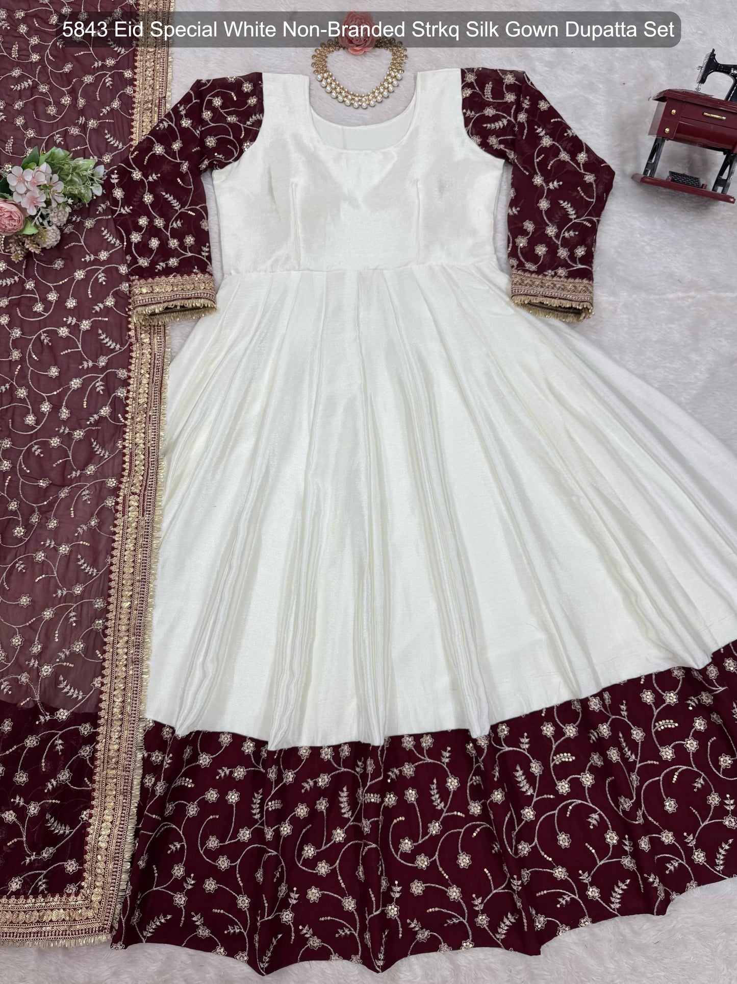 5843 Eid Special White Non-Branded Strkq Silk Gown Dupatta Set