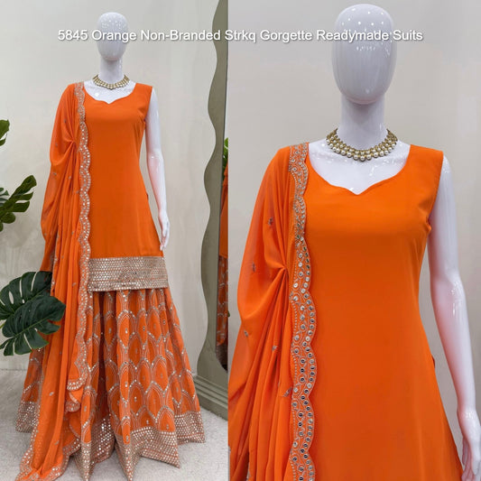 5845 Orange Non-Branded Strkq Gorgette Readymade Suits