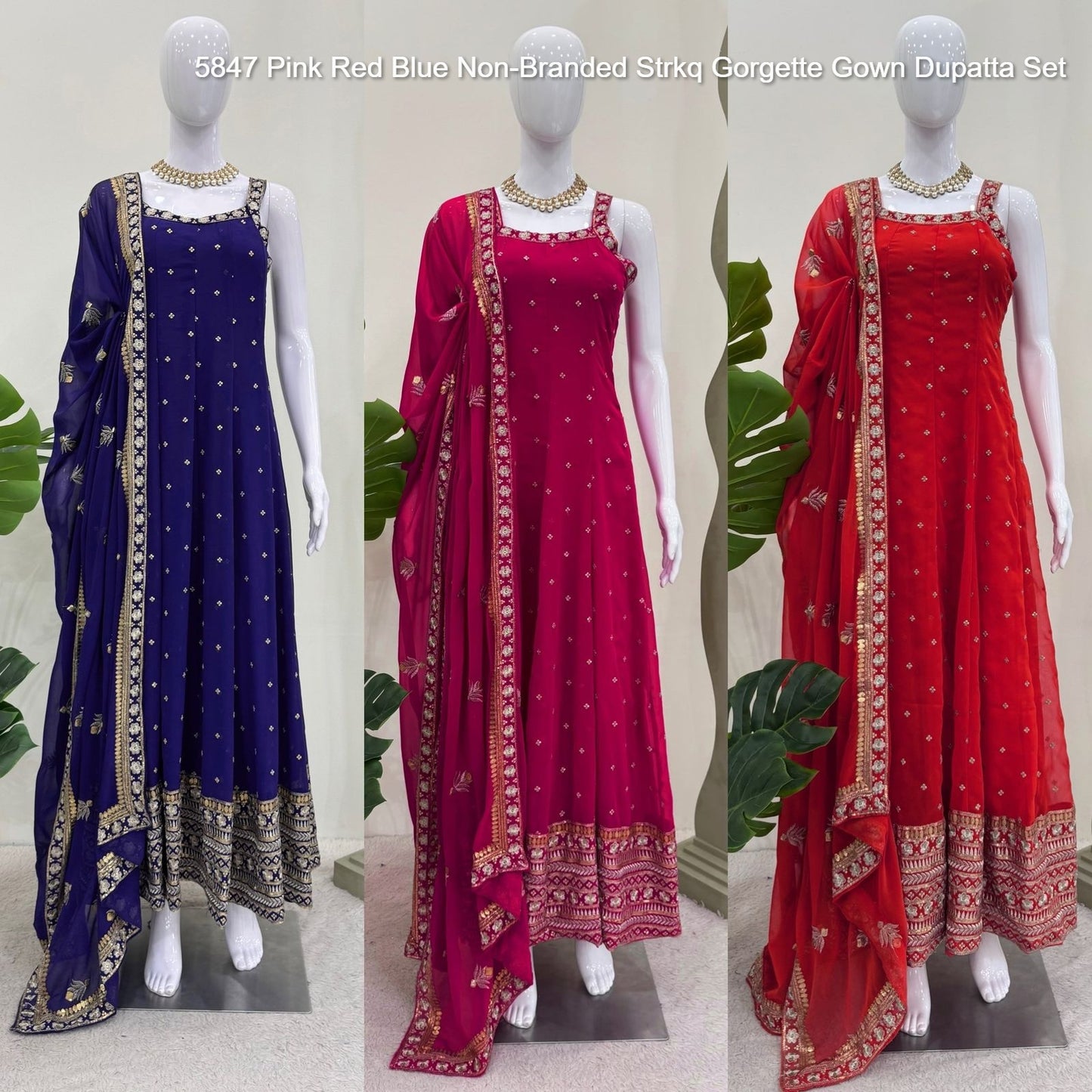 5847 Pink Red Blue Non-Branded Strkq Gorgette Gown Dupatta Set