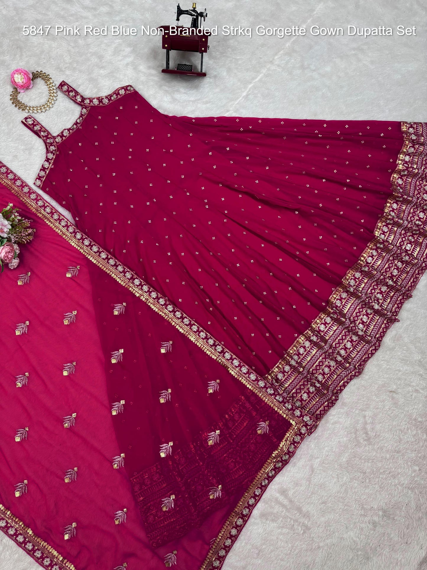 5847 Pink Red Blue Non-Branded Strkq Gorgette Gown Dupatta Set