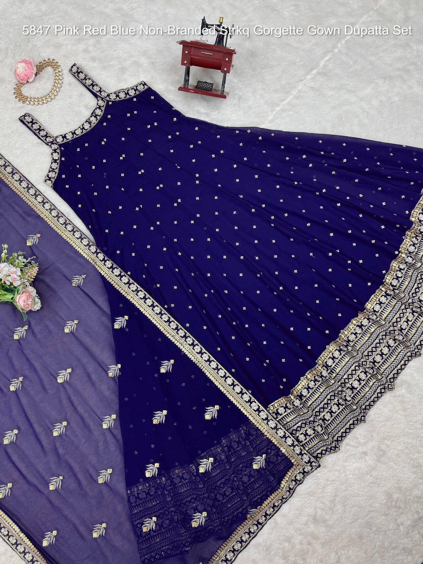 5847 Pink Red Blue Non-Branded Strkq Gorgette Gown Dupatta Set