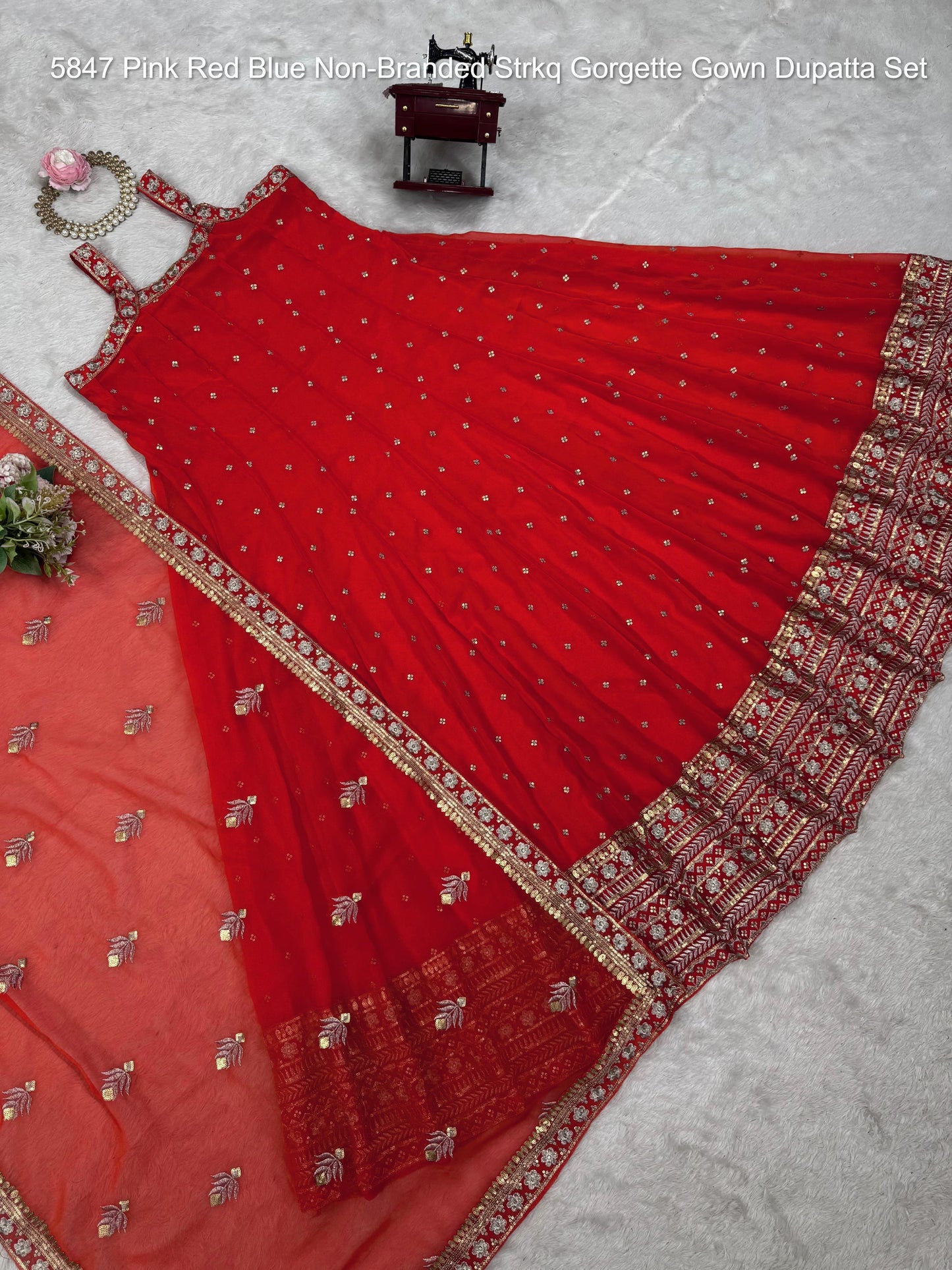 5847 Pink Red Blue Non-Branded Strkq Gorgette Gown Dupatta Set