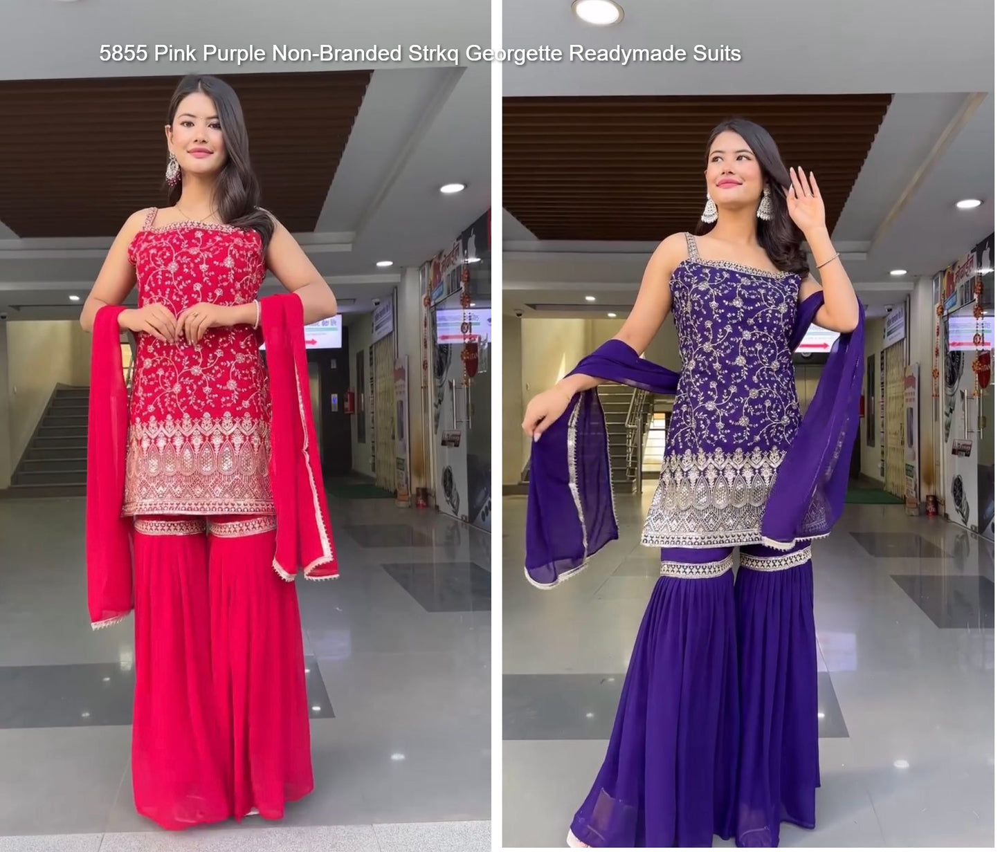 5855 Pink Purple Non-Branded Strkq Georgette Readymade Suits