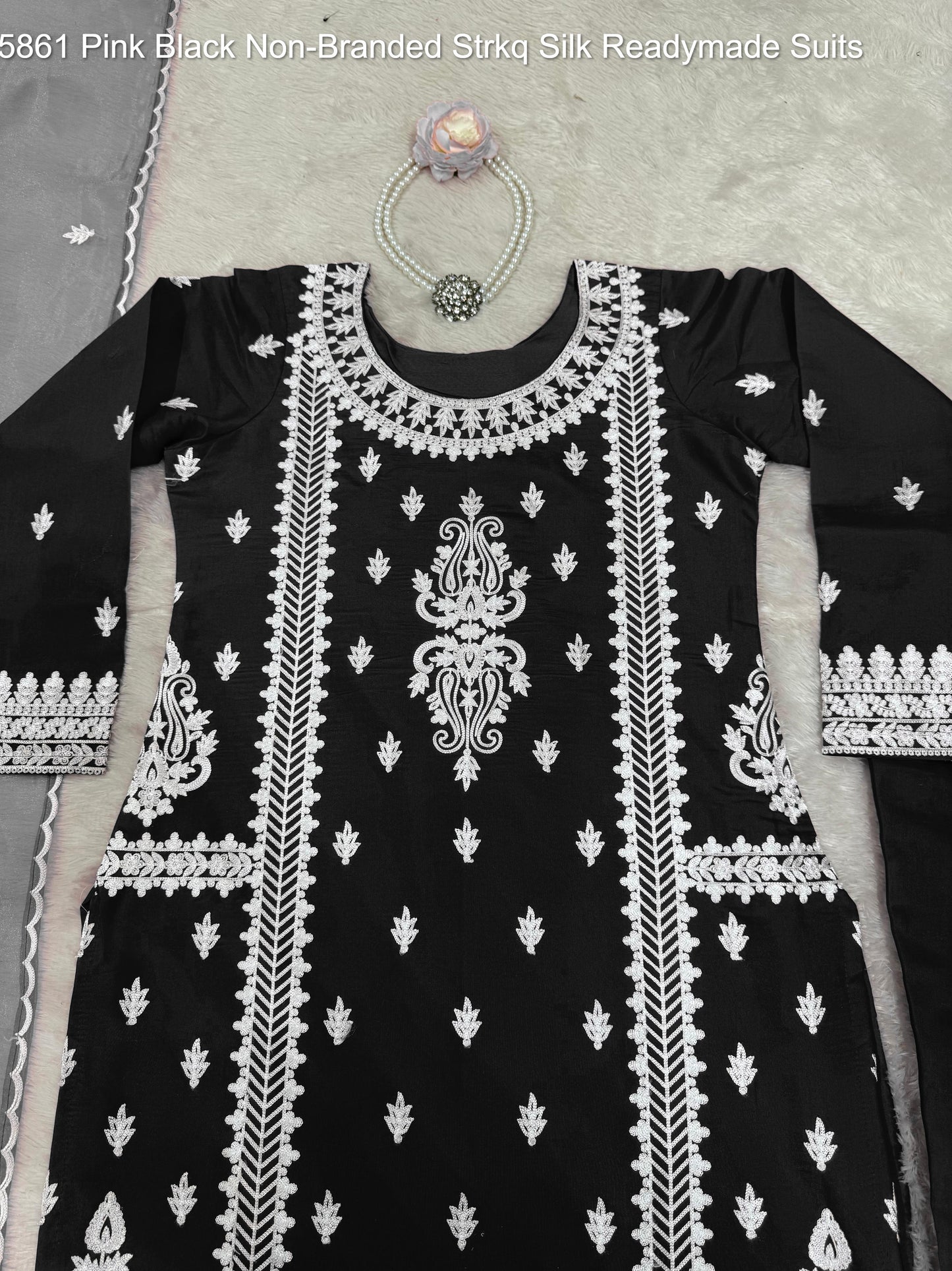 5861 Pink Black Non-Branded Strkq Silk Readymade Suits