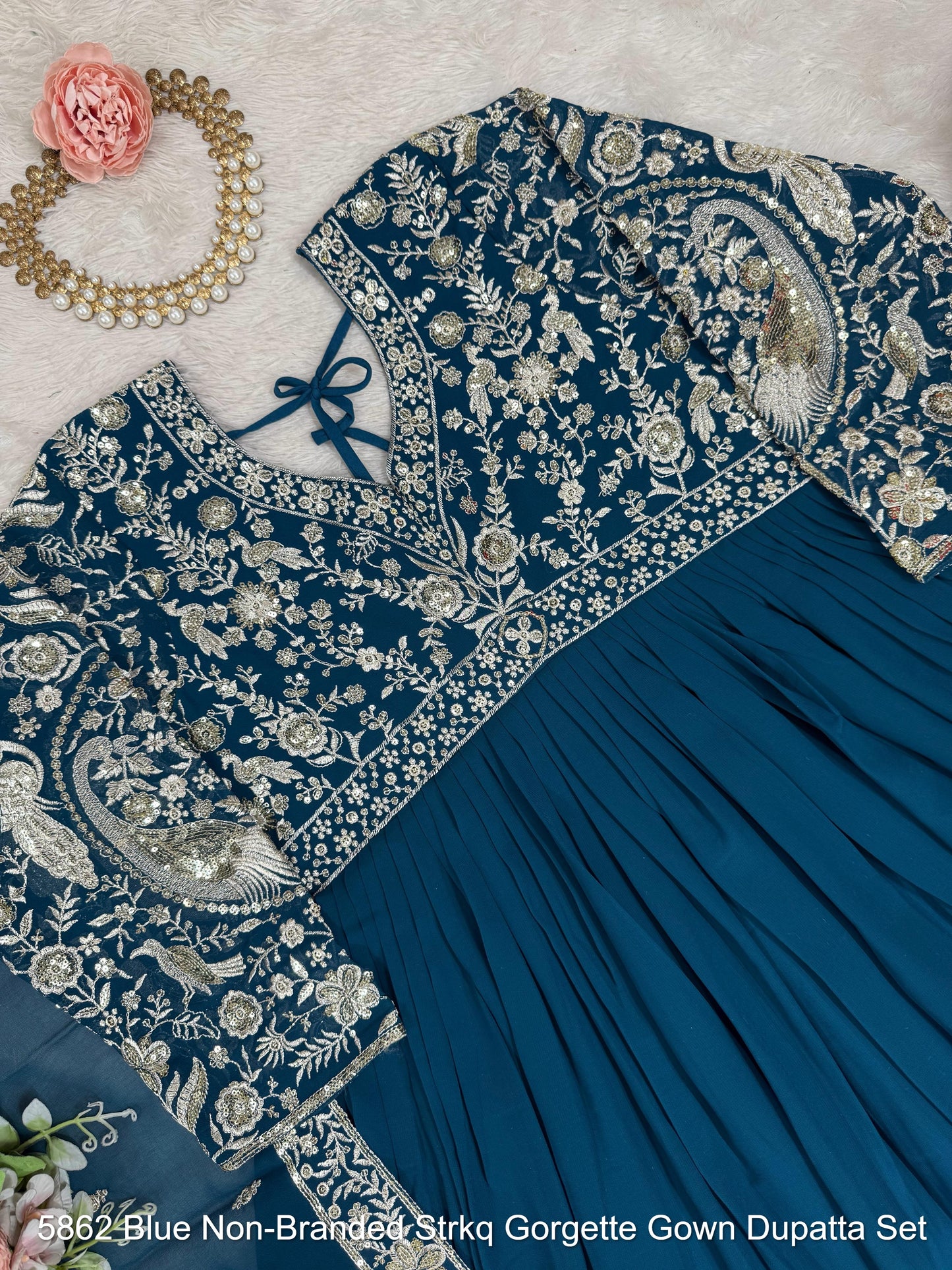 5862 Blue Non-Branded Strkq Gorgette Gown Dupatta Set