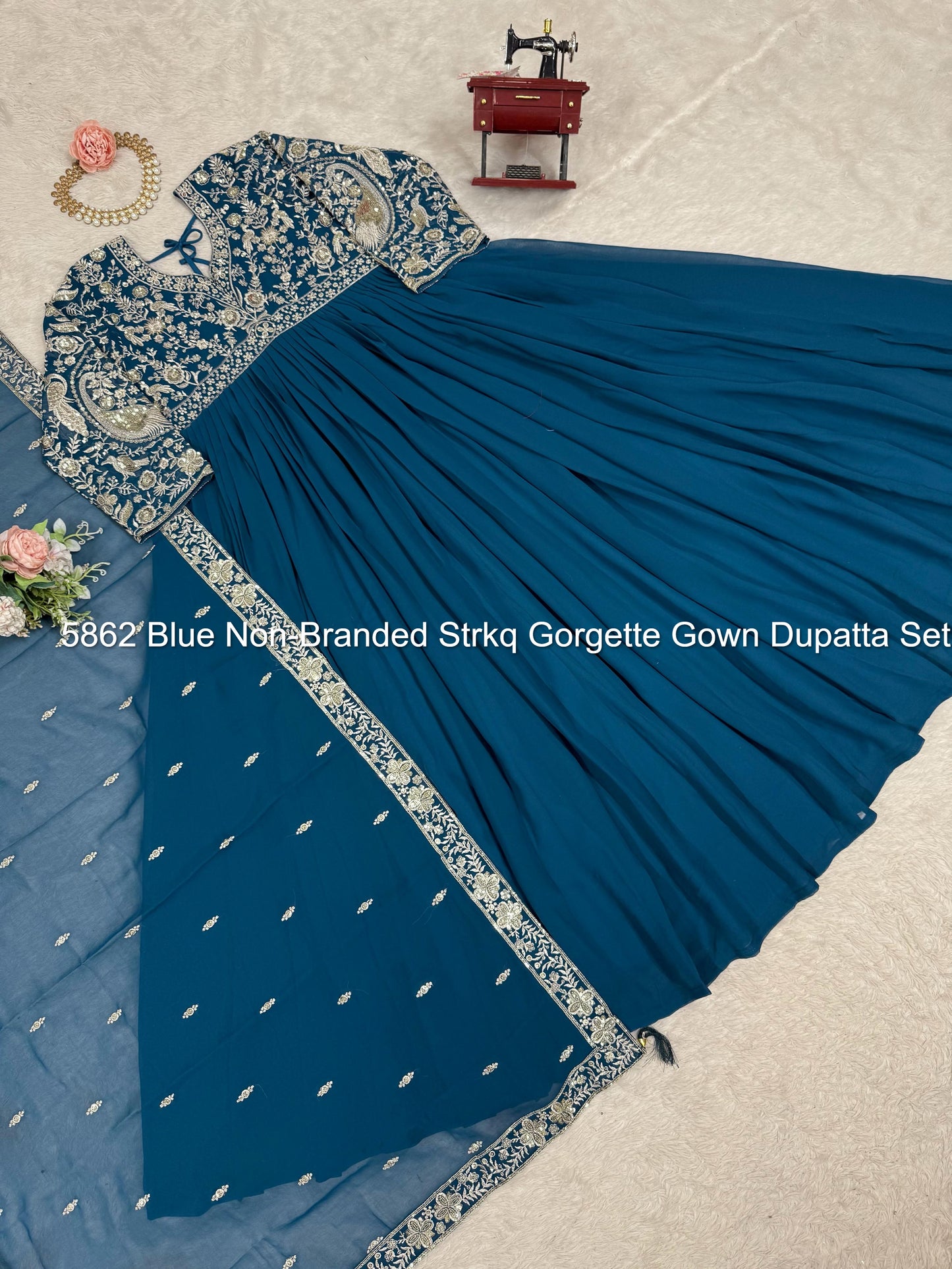 5862 Blue Non-Branded Strkq Gorgette Gown Dupatta Set