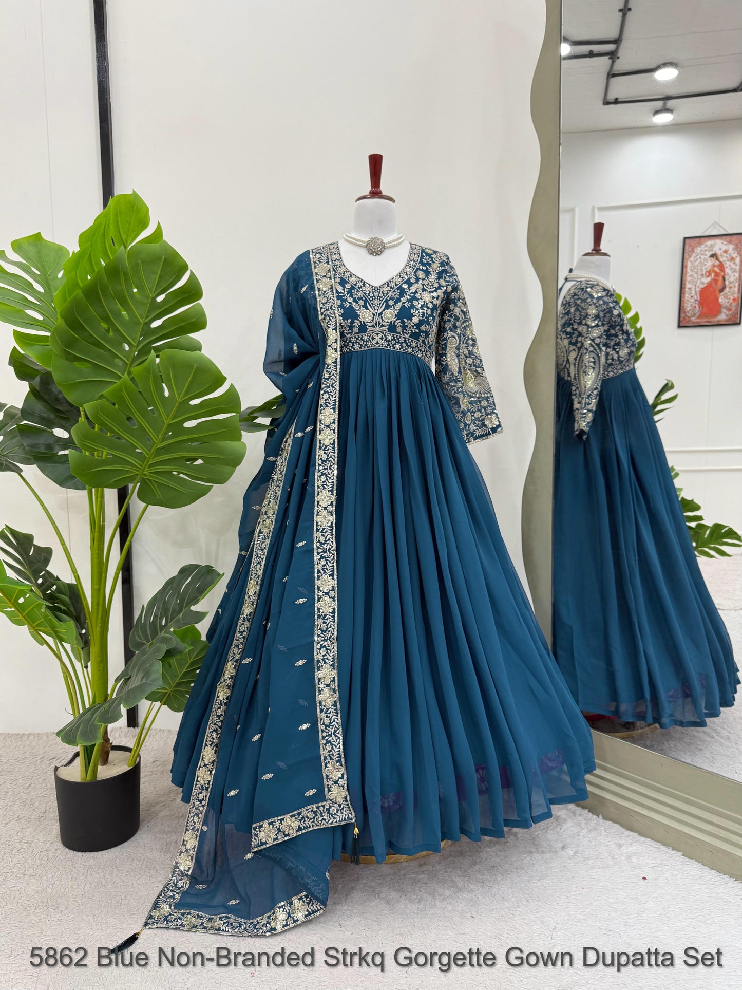 5862 Blue Non-Branded Strkq Gorgette Gown Dupatta Set