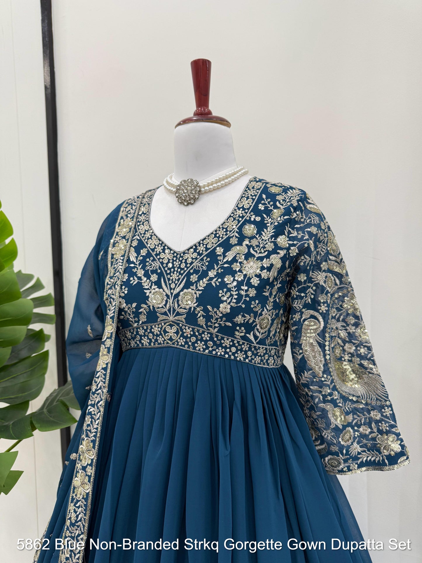 5862 Blue Non-Branded Strkq Gorgette Gown Dupatta Set