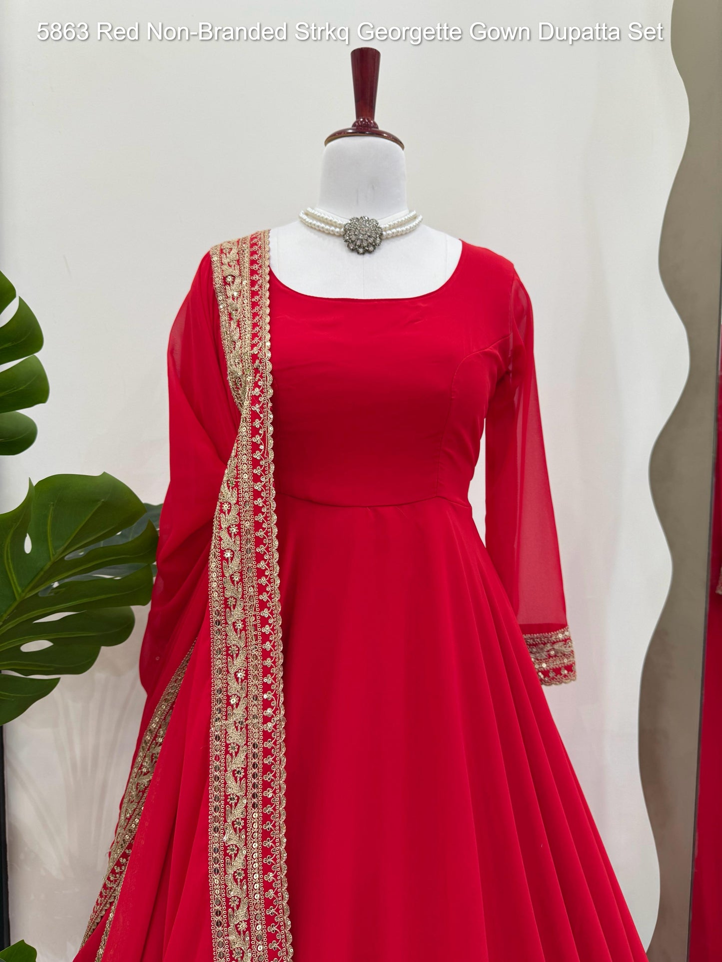 5863 Red Non-Branded Strkq Georgette Gown Dupatta Set