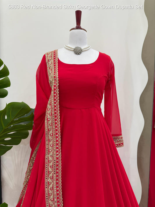 5863 Red Non-Branded Strkq Georgette Gown Dupatta Set