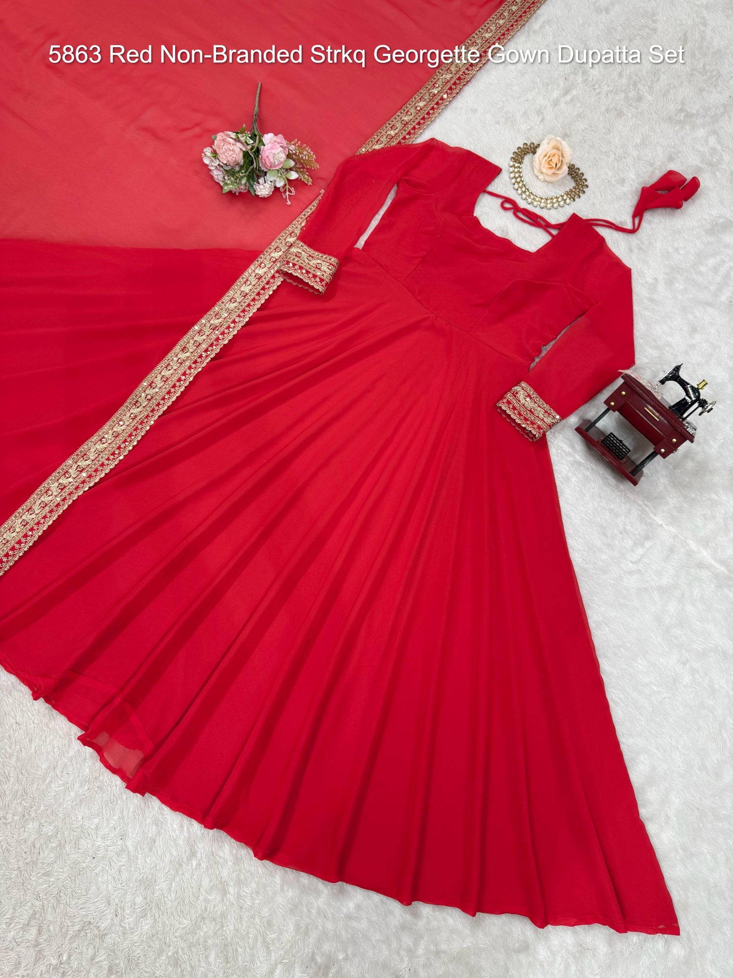 5863 Red Non-Branded Strkq Georgette Gown Dupatta Set