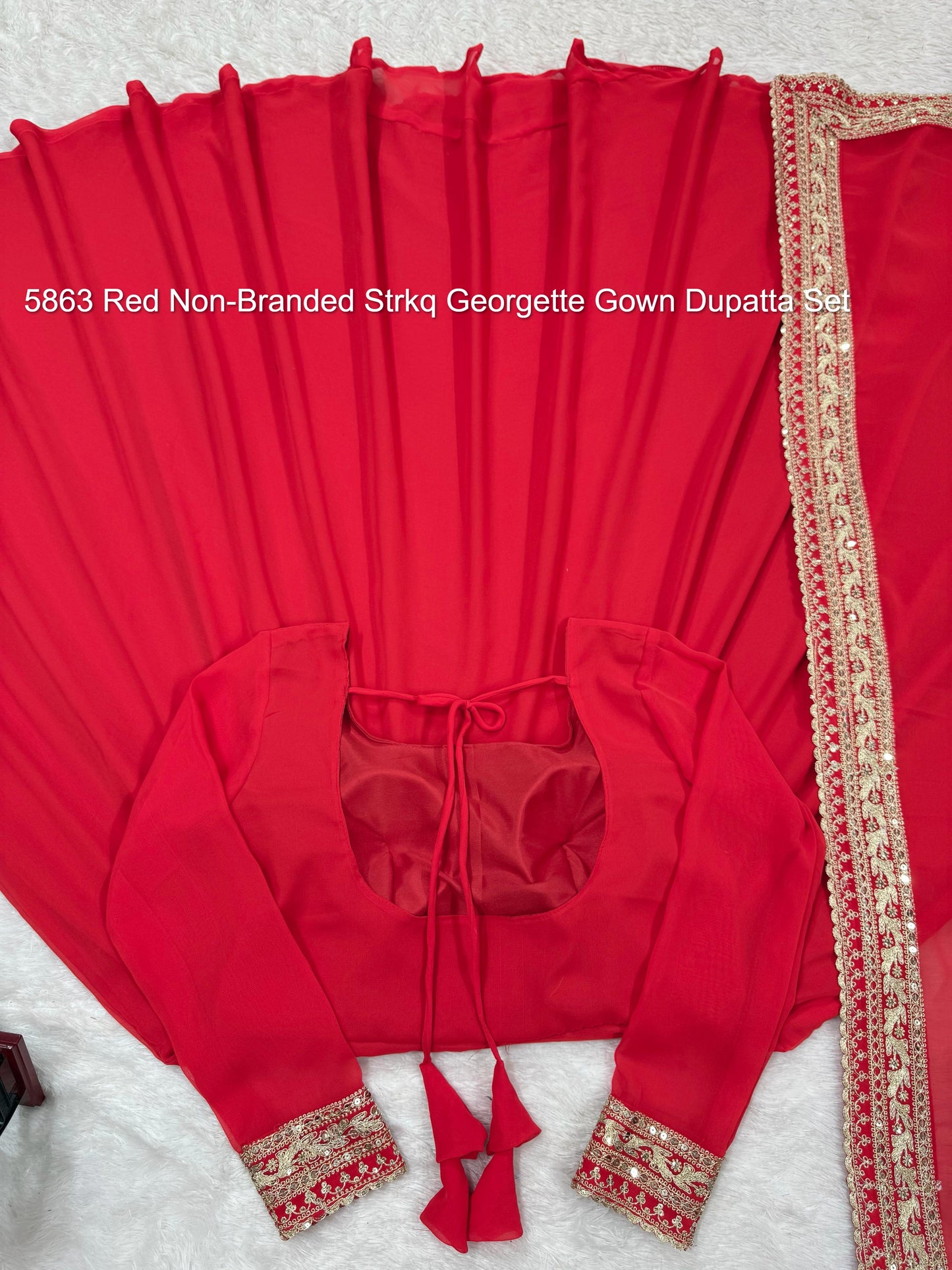 5863 Red Non-Branded Strkq Georgette Gown Dupatta Set