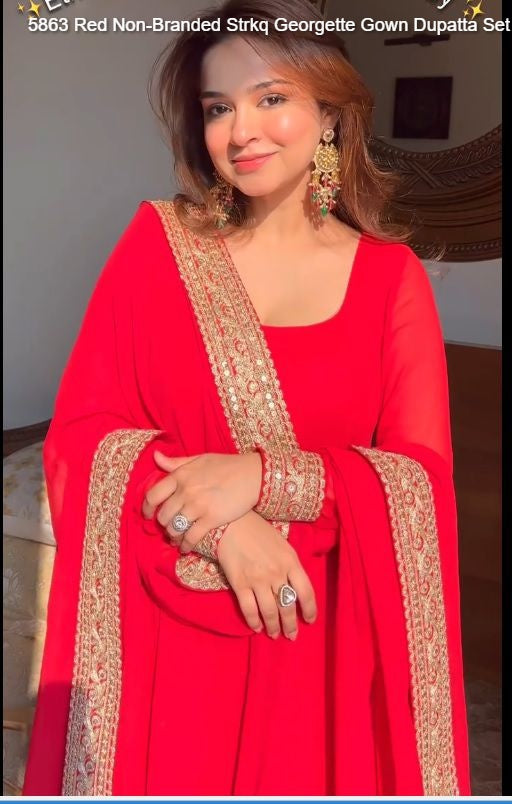 5863 Red Non-Branded Strkq Georgette Gown Dupatta Set