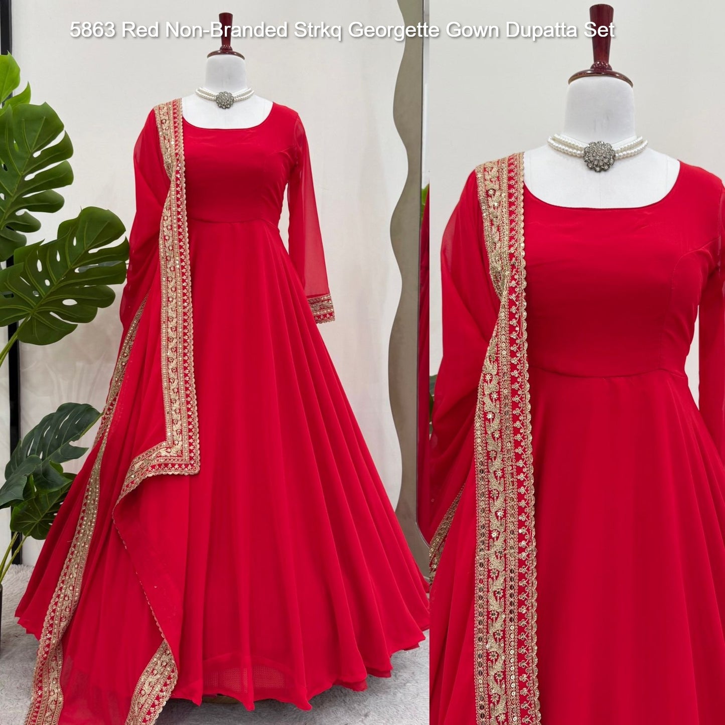 5863 Red Non-Branded Strkq Georgette Gown Dupatta Set