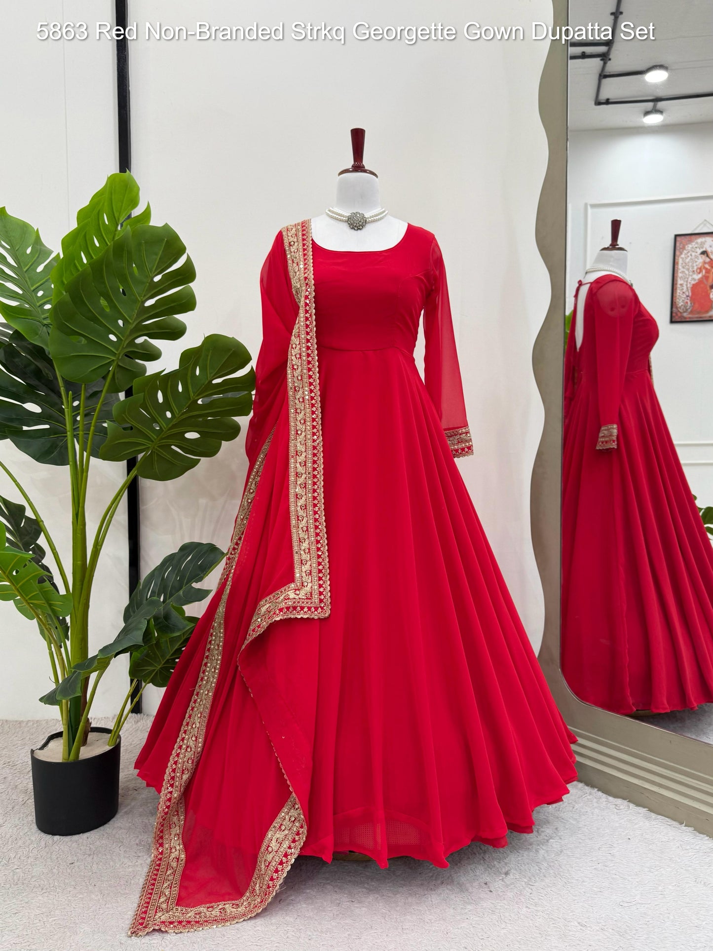5863 Red Non-Branded Strkq Georgette Gown Dupatta Set