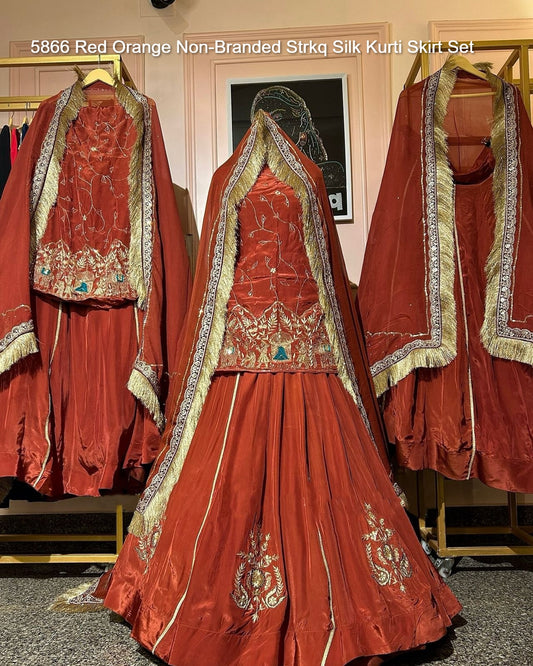 5866 Red Orange Non-Branded Strkq Silk Kurti Skirt Set