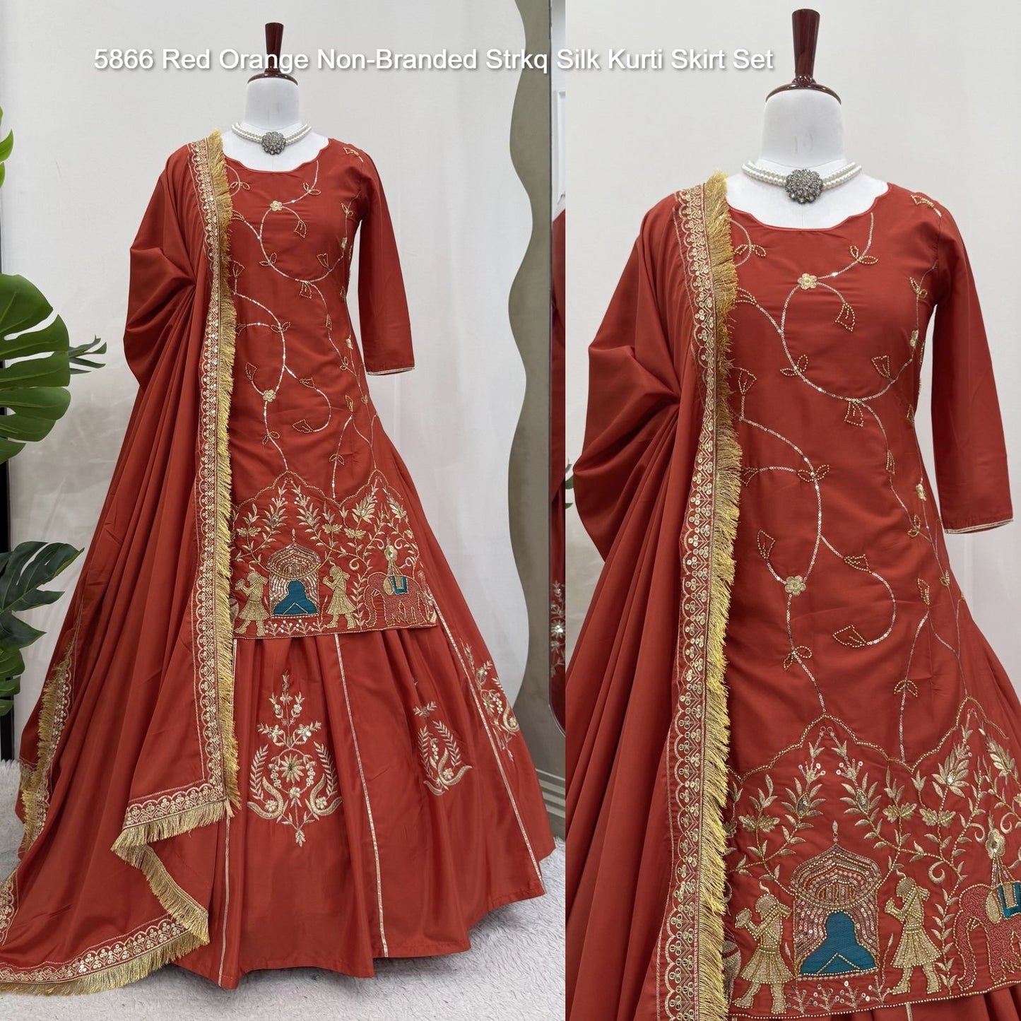 5866 Red Orange Non-Branded Strkq Silk Kurti Skirt Set