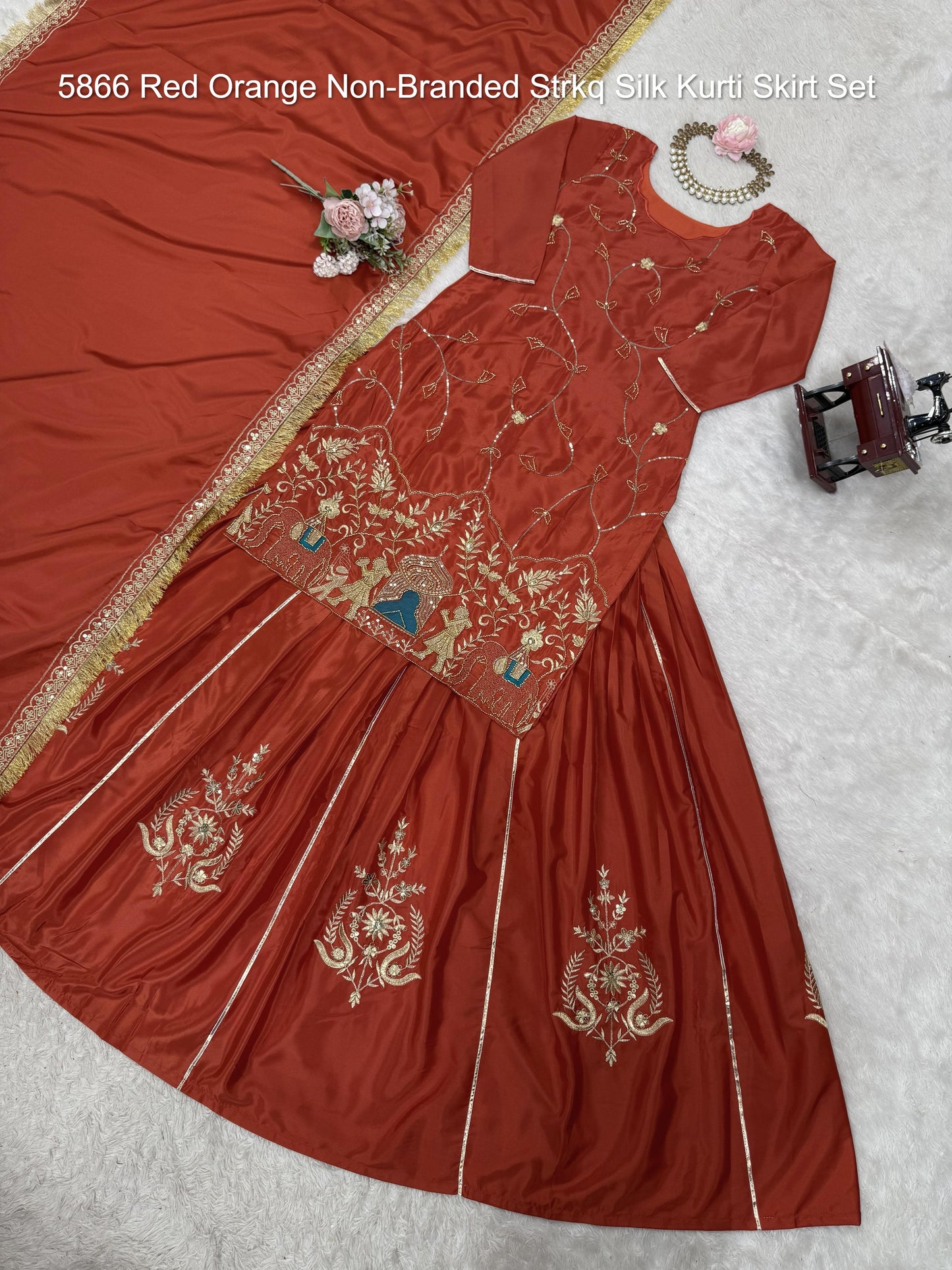 5866 Red Orange Non-Branded Strkq Silk Kurti Skirt Set