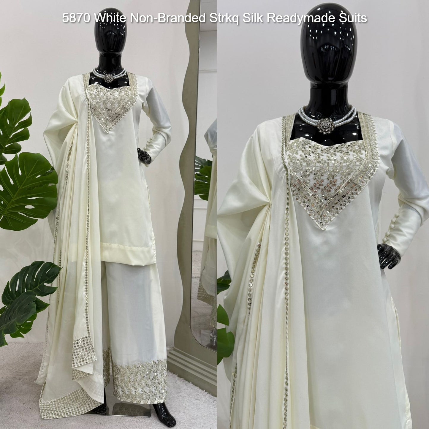5870 White Non-Branded Strkq Silk Readymade Suits