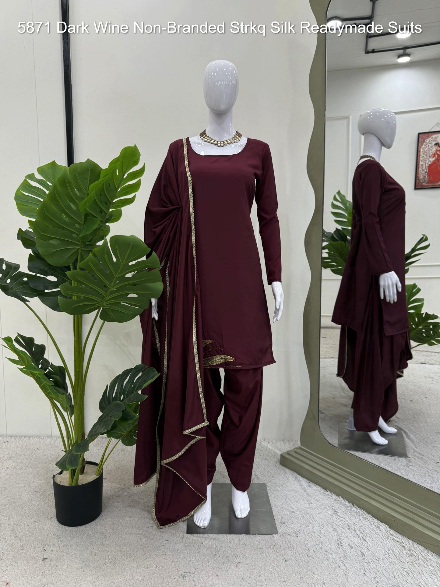 5871 Dark Wine Non-Branded Strkq Silk Readymade Suits