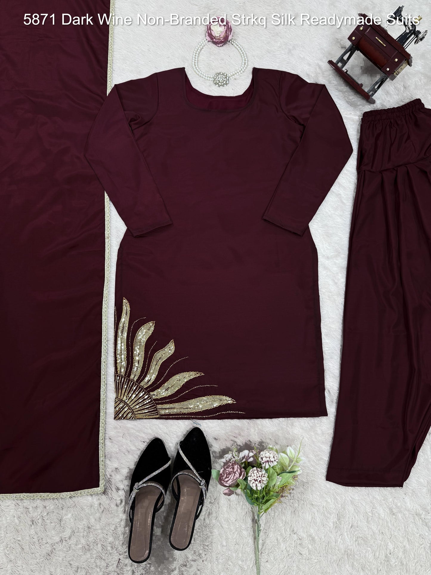 5871 Dark Wine Non-Branded Strkq Silk Readymade Suits