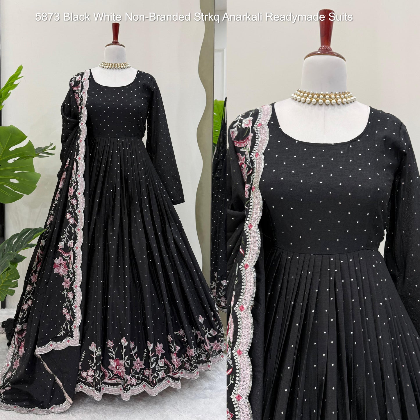 5873 Black White Non-Branded Strkq Anarkali Readymade Suits