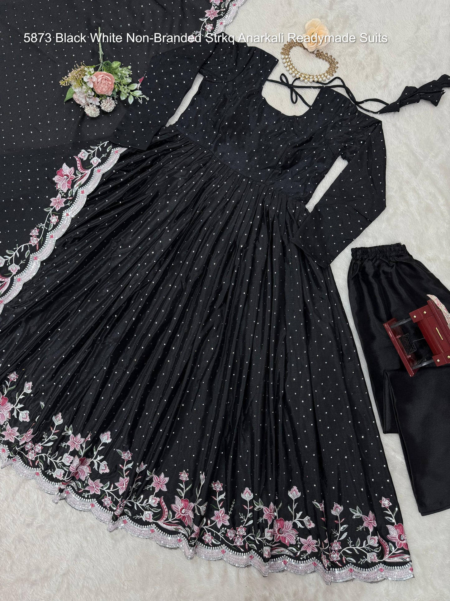 5873 Black White Non-Branded Strkq Anarkali Readymade Suits