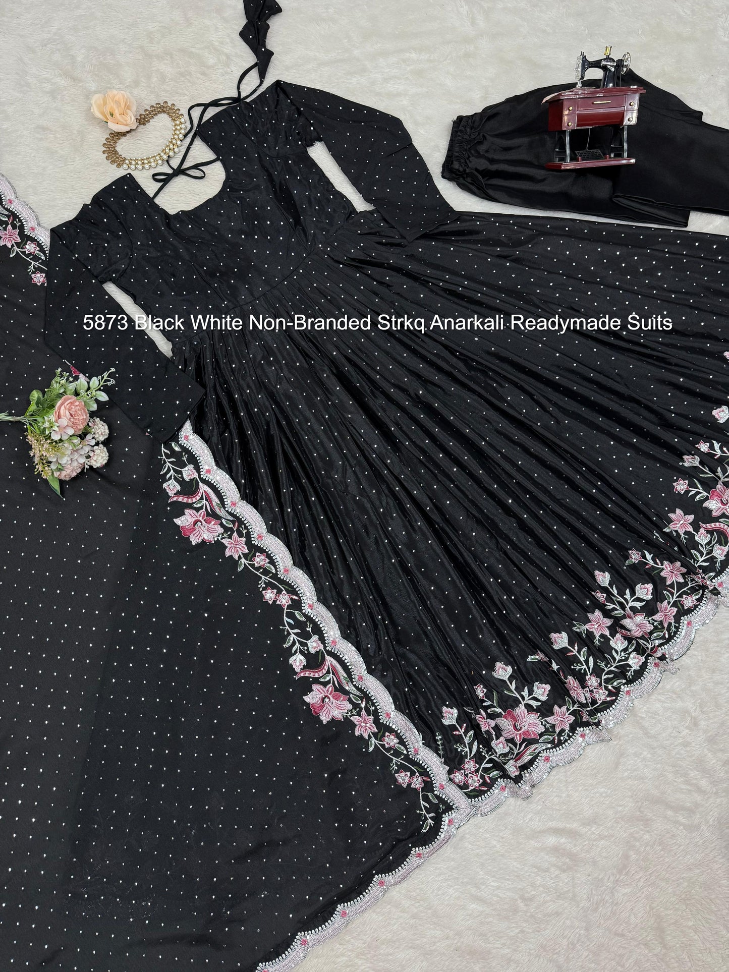 5873 Black White Non-Branded Strkq Anarkali Readymade Suits