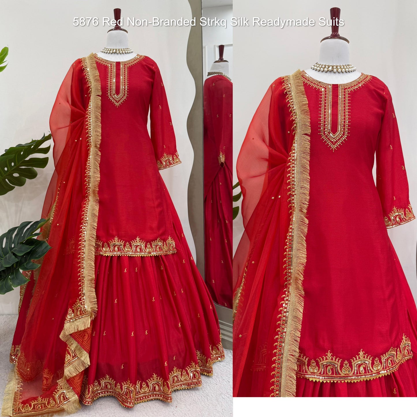 5876 Red Non-Branded Strkq Silk Readymade Suits