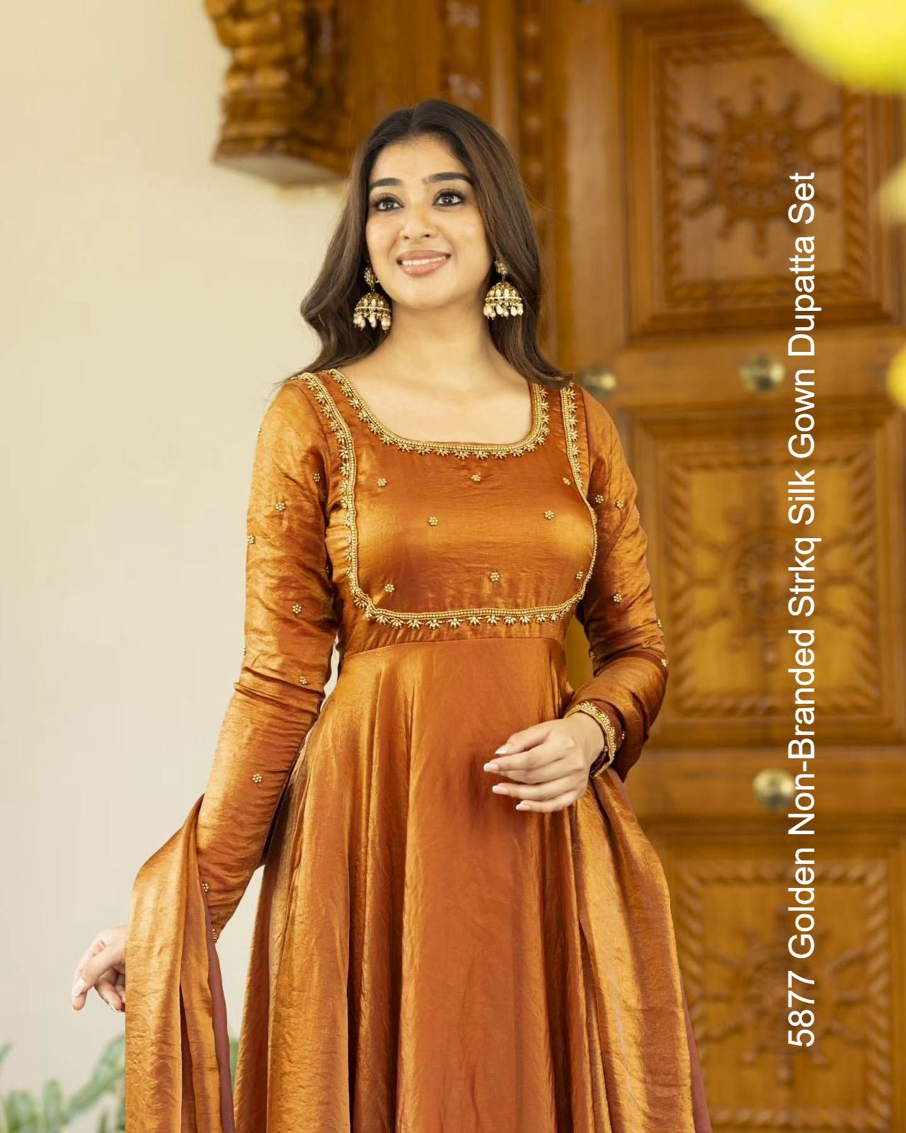 5877 Golden Non-Branded Strkq Silk Gown Dupatta Set