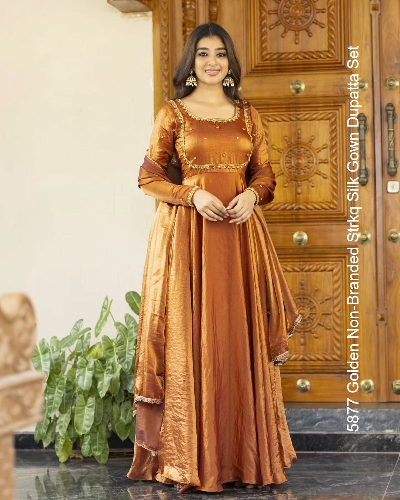 5877 Golden Non-Branded Strkq Silk Gown Dupatta Set