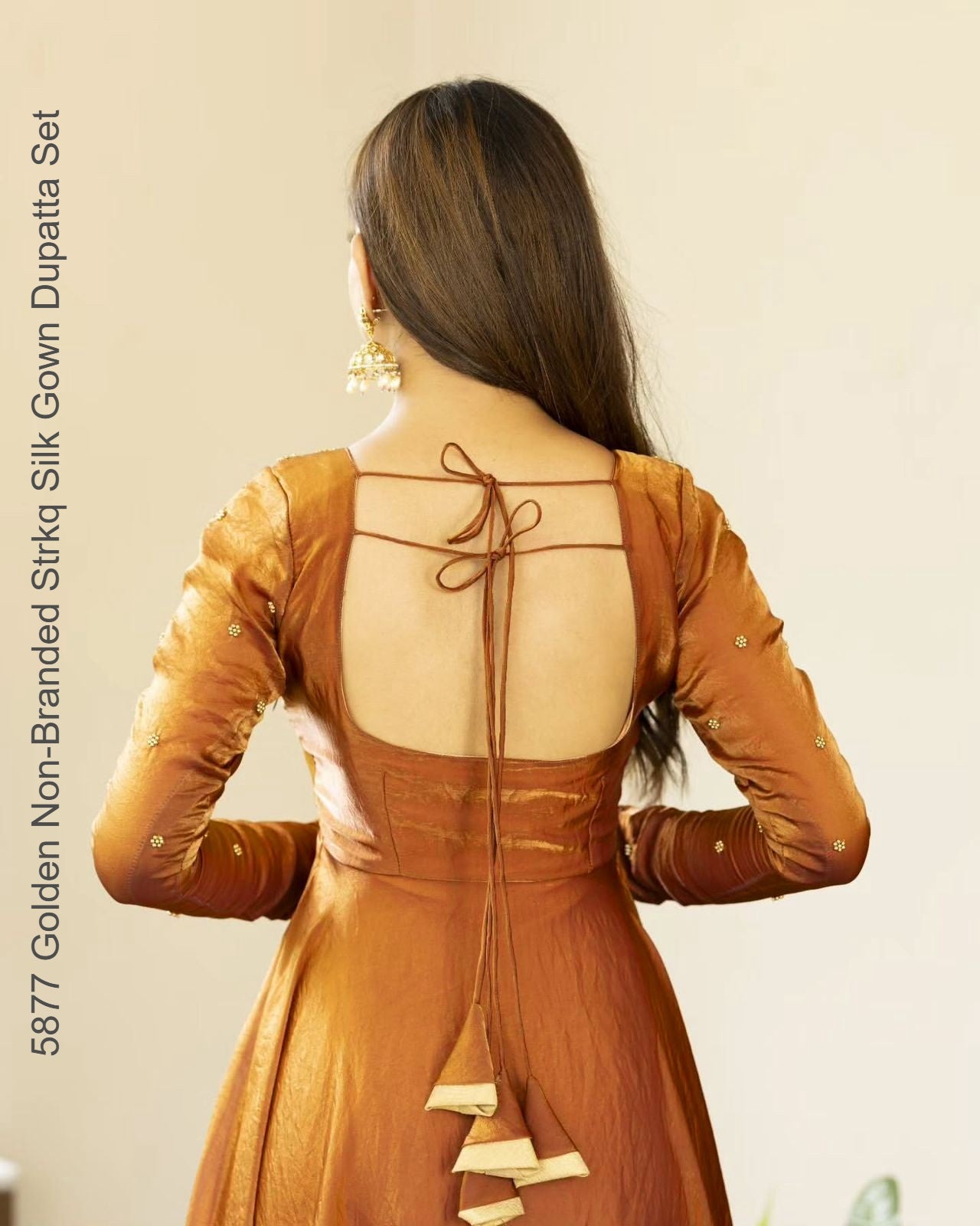 5877 Golden Non-Branded Strkq Silk Gown Dupatta Set