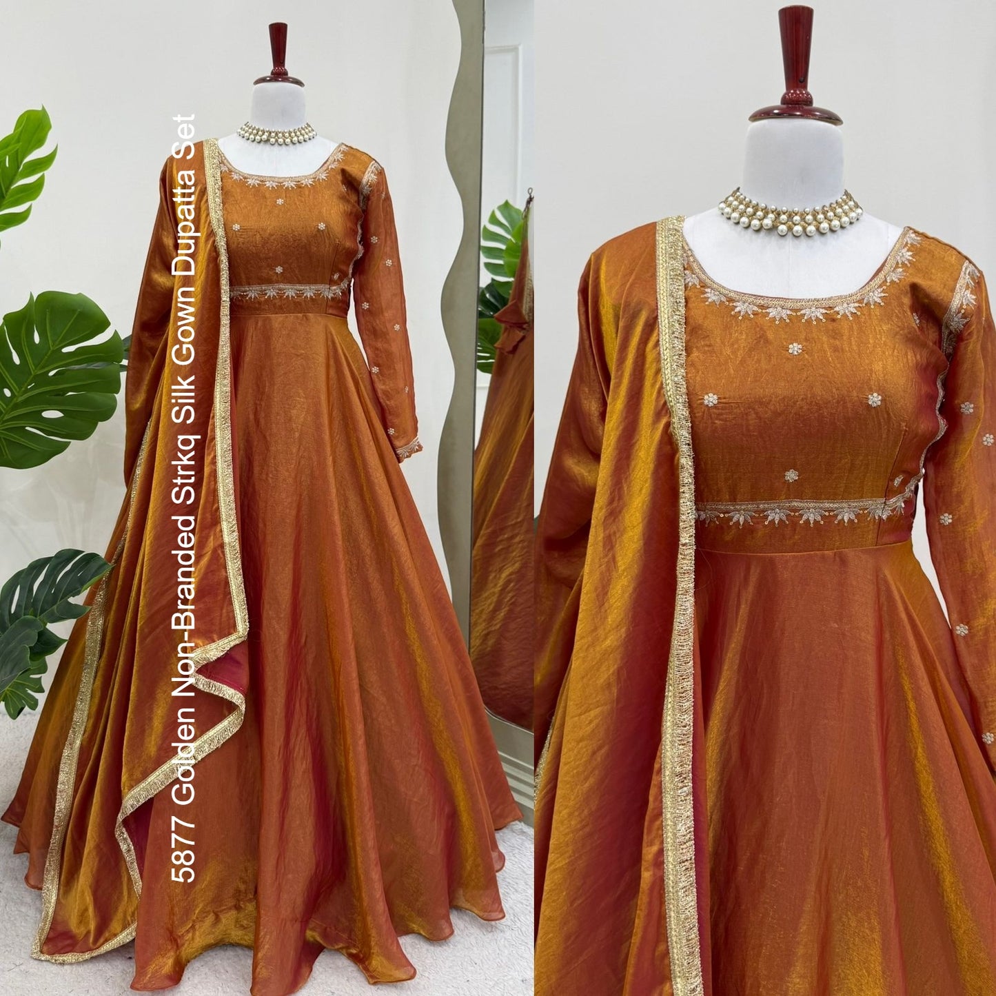 5877 Golden Non-Branded Strkq Silk Gown Dupatta Set