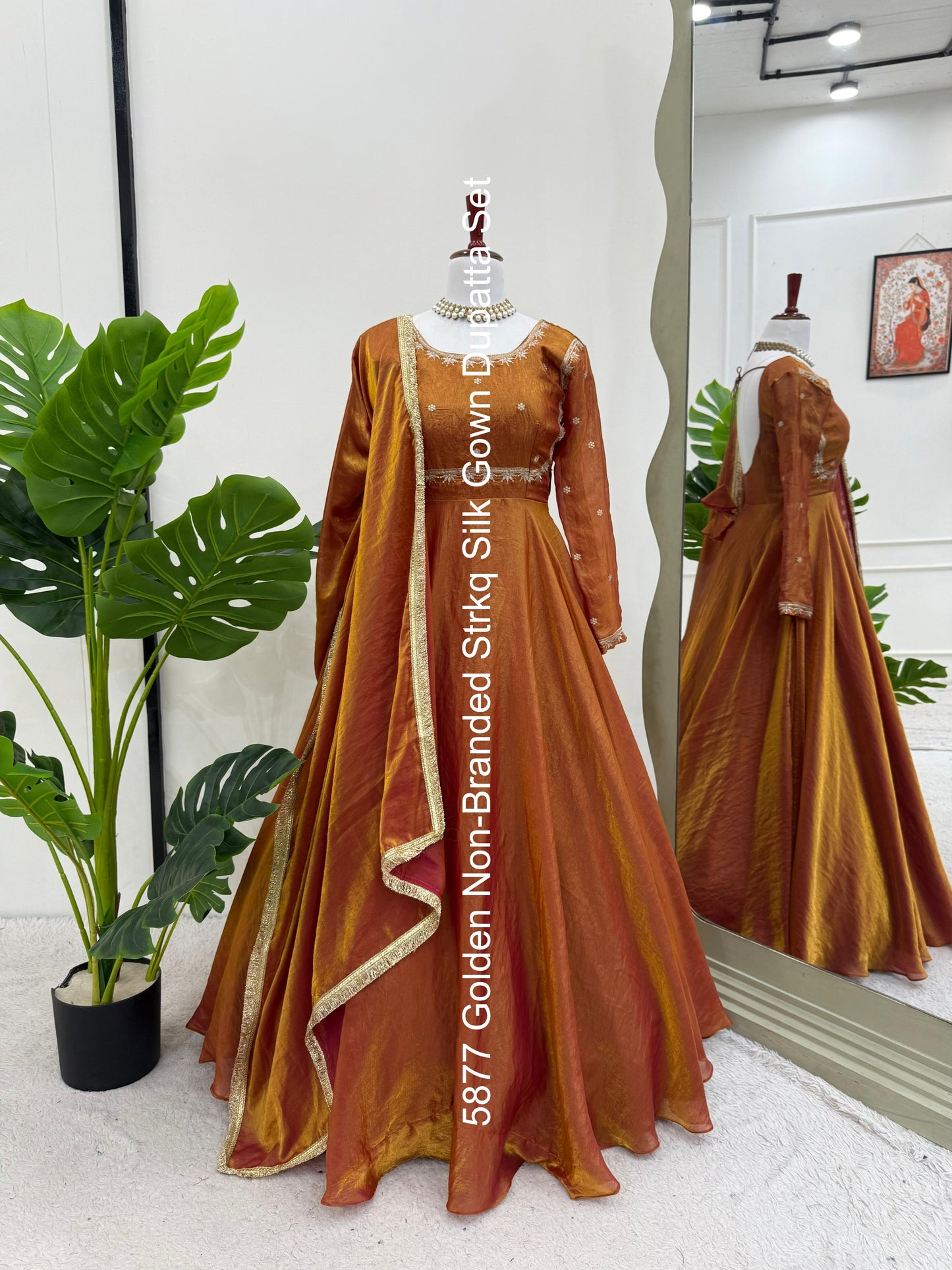 5877 Golden Non-Branded Strkq Silk Gown Dupatta Set