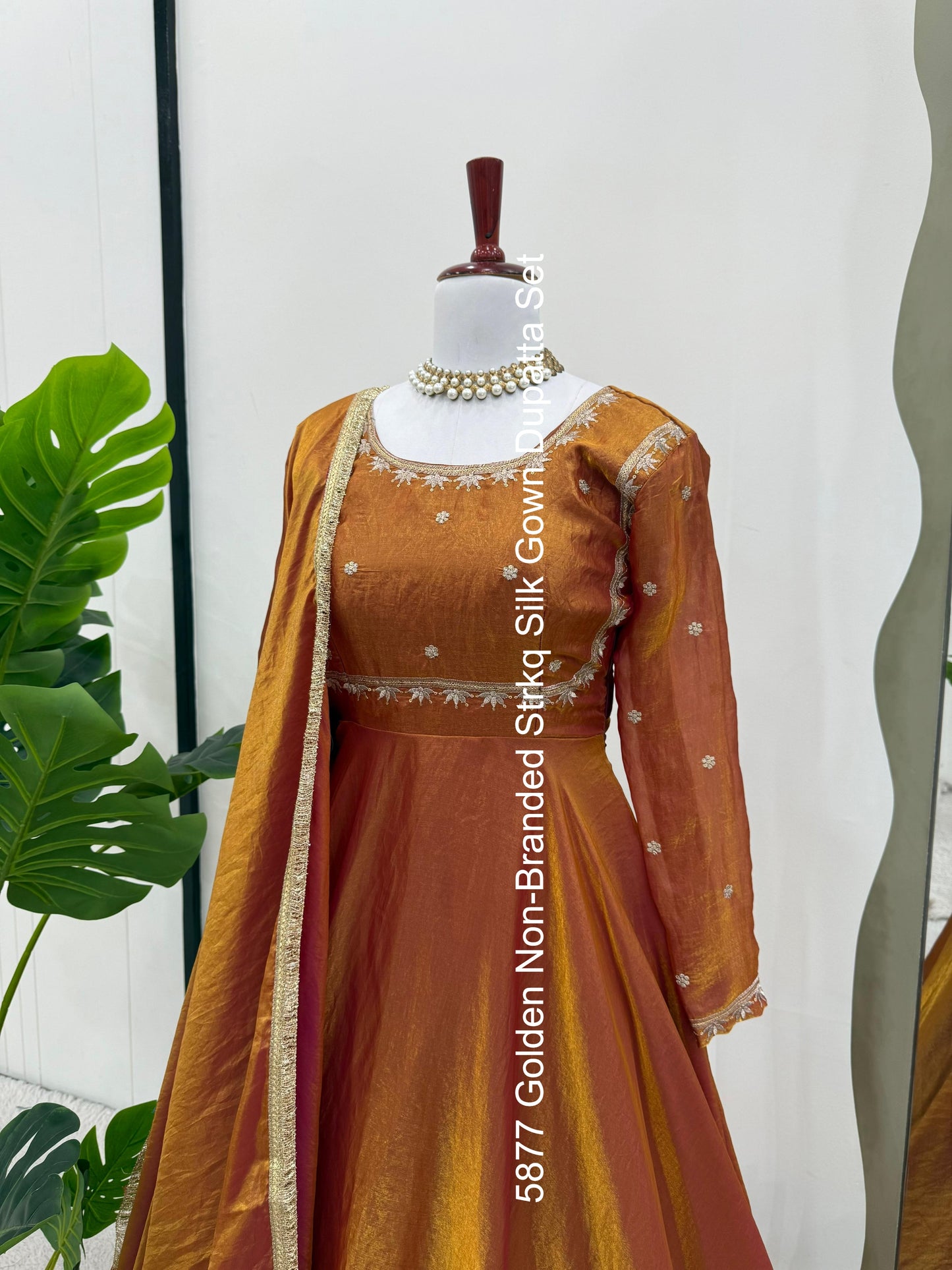 5877 Golden Non-Branded Strkq Silk Gown Dupatta Set
