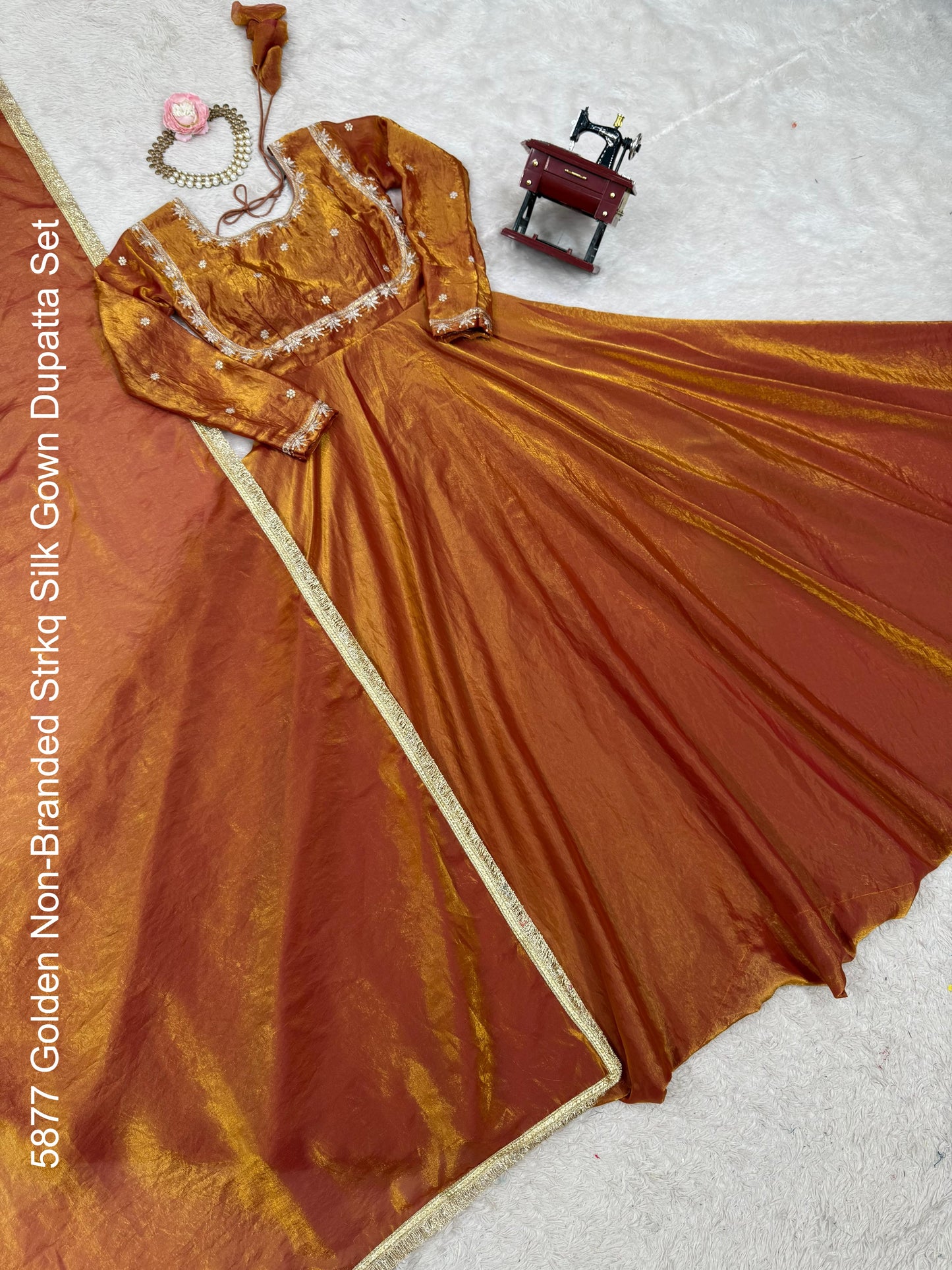 5877 Golden Non-Branded Strkq Silk Gown Dupatta Set