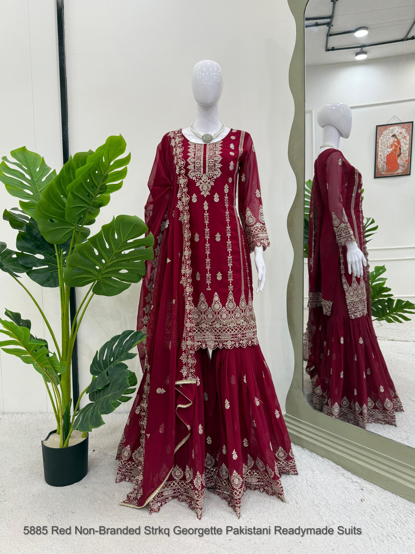 5885 Red Non-Branded Strkq Georgette Pakistani Readymade Suits
