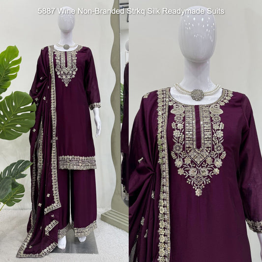 5887 Wine Non-Branded Strkq Silk Readymade Suits